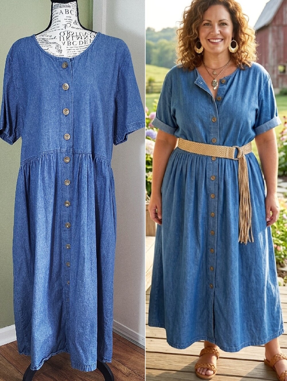 VTG 90s Blue Denim Button Front Midi Jean Dress *Large Country Grunge Boho